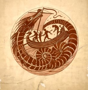 Design para um prato usando um dragão do mar e barco, 1879 (guache e lápis sobre papel)
